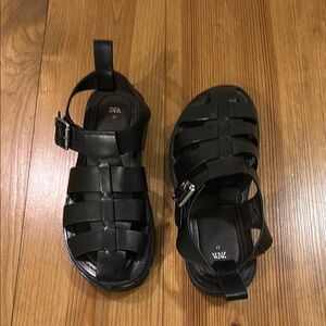 Zara - lug sole leather cage sandals - black - 6 1/2